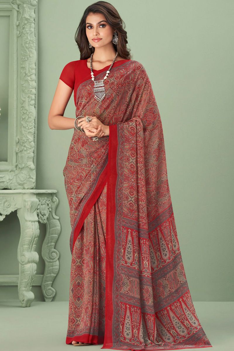 Incredible Georgette Fabric Red Color Casual Style Saree