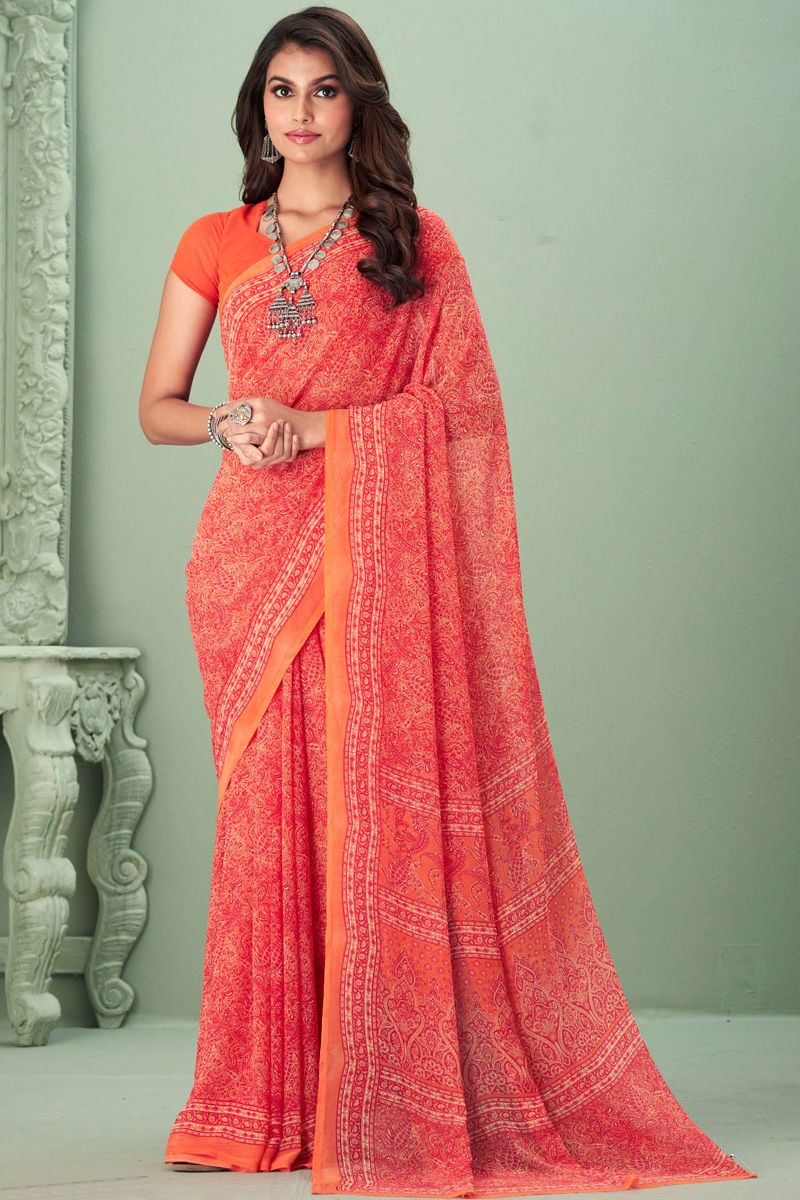 Dazzling Peach Color Casual Look Saree In Georgette Fabric