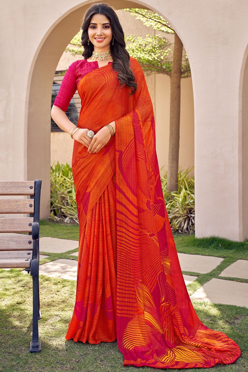 Orange Casual Look Chiffon Printed Saree