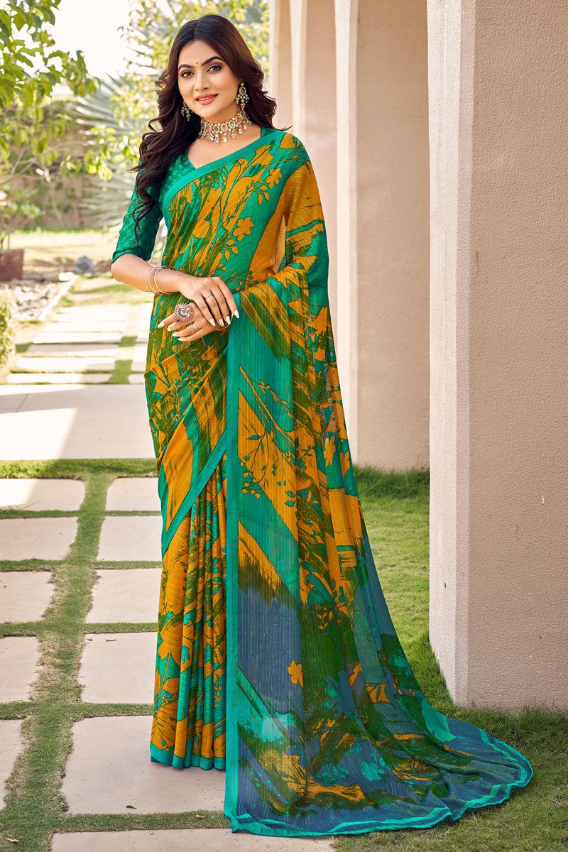 Casual Look Mustard and Green Chiffon Printed Saree