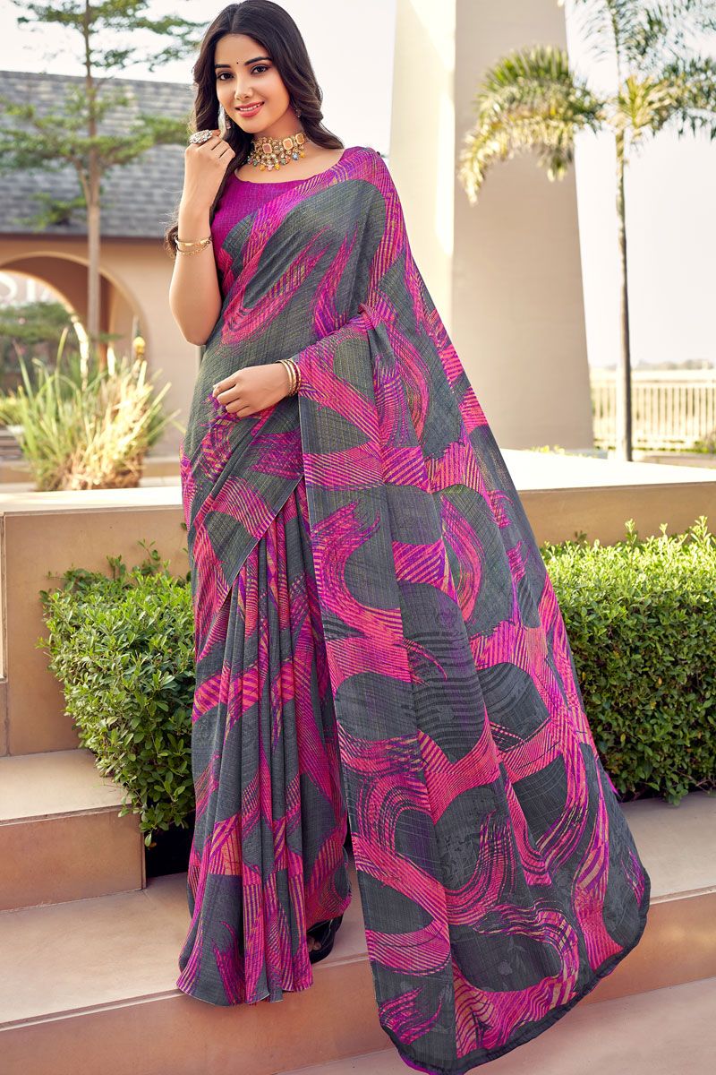 Grey And Pink Casual Look Chiffon Printed Saree