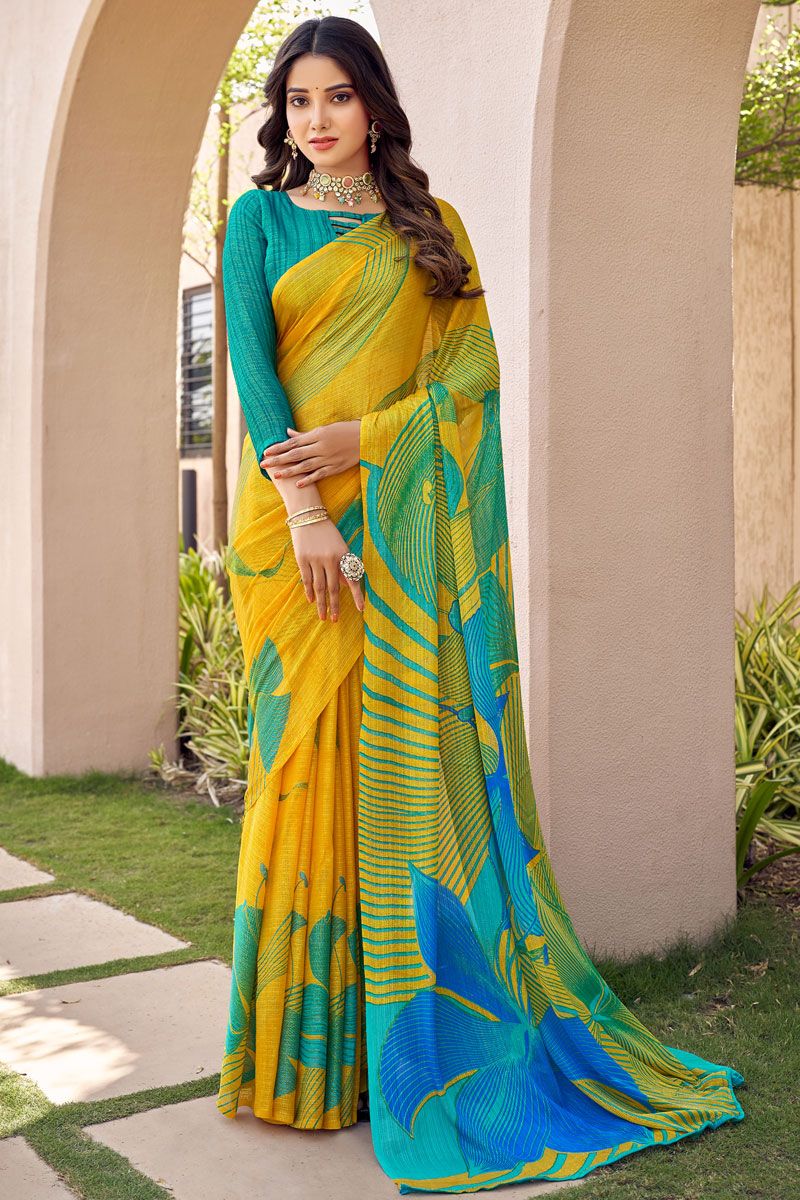 Casual Look Chiffon Fabric Printed Saree In Yellow Color