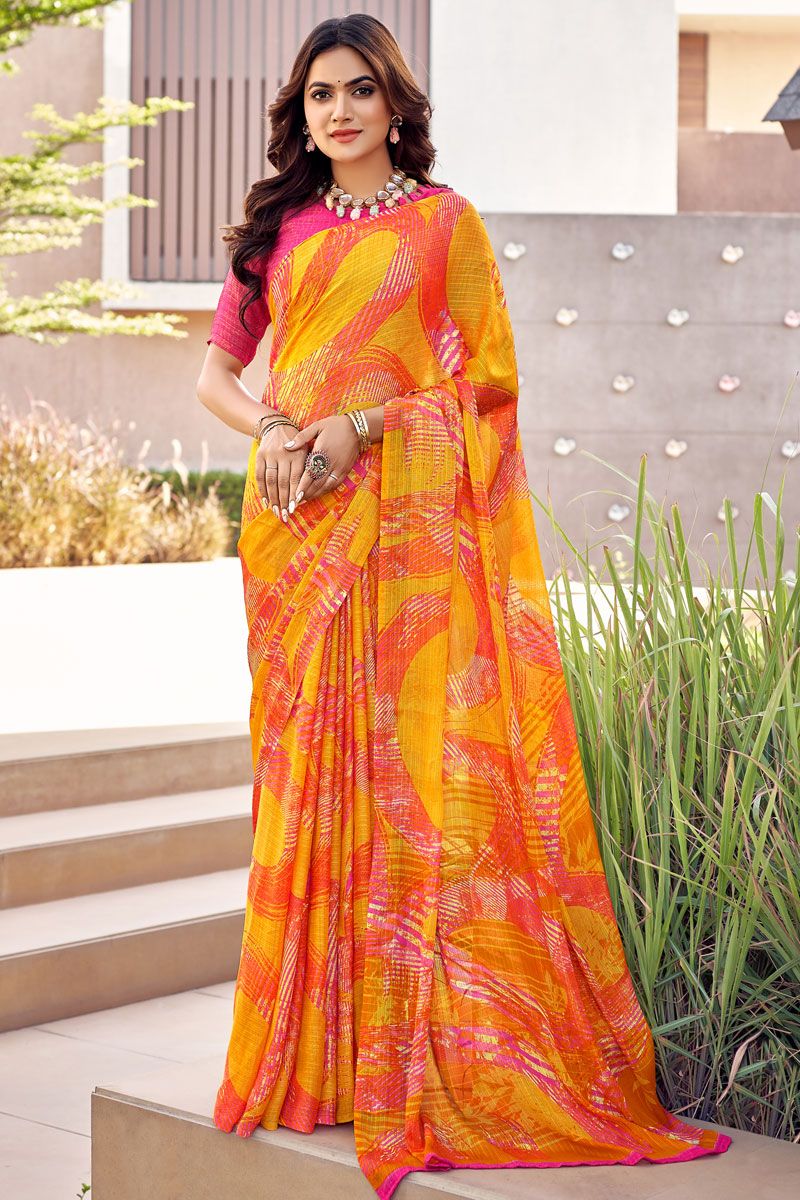 Casual Look Yellow And Orange Chiffon Printed Saree