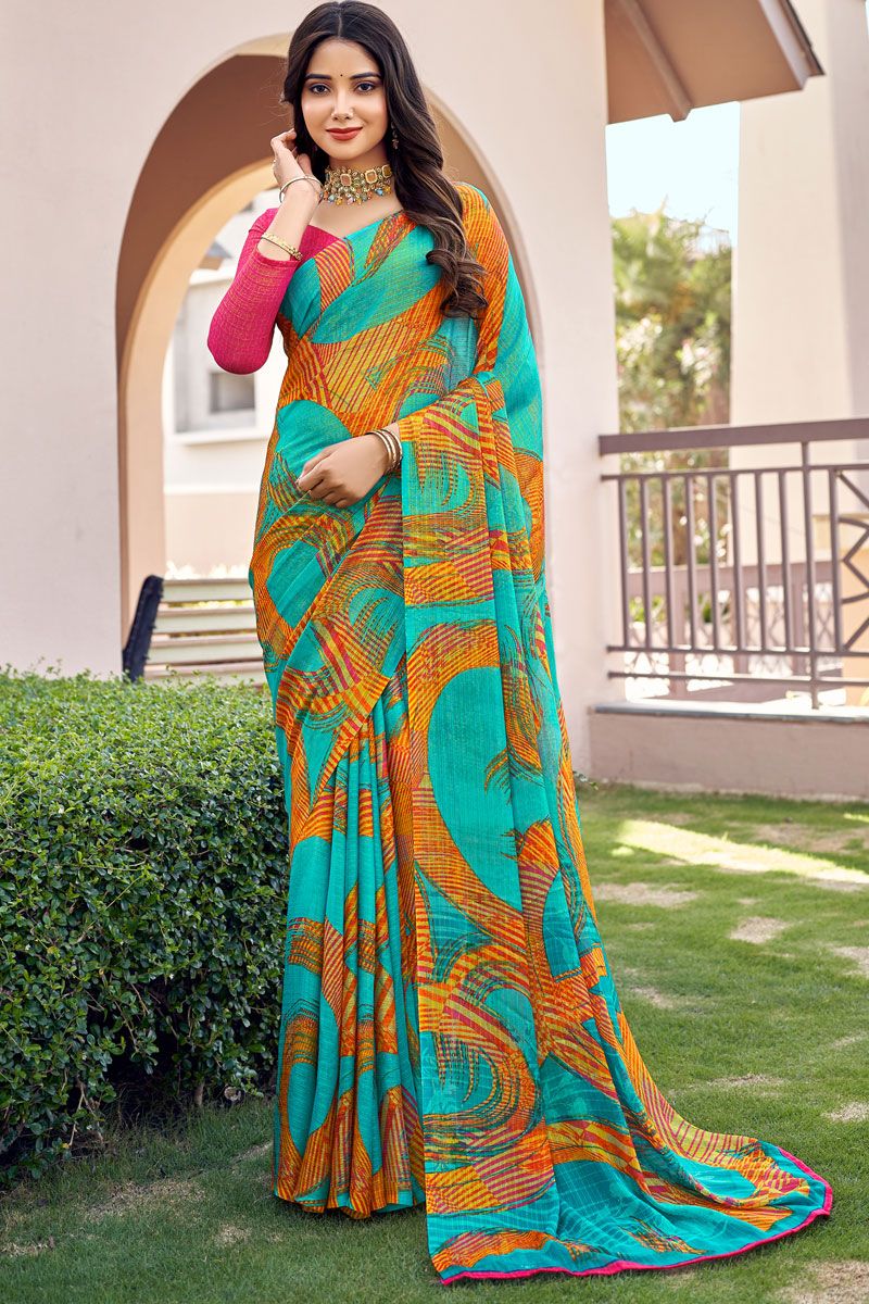 Casual Look Cyan And Yellow Chiffon Fabric Printed Saree