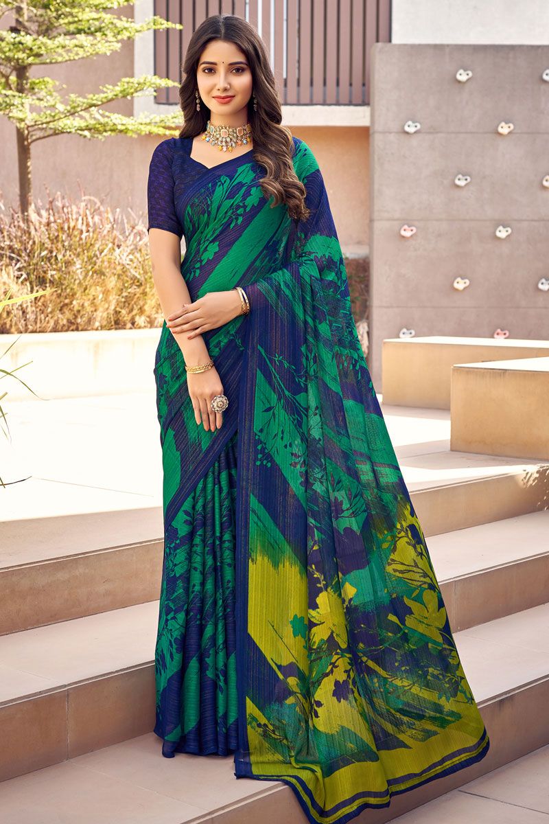 Navy Blue Casual Look Chiffon Fabric Printed Saree