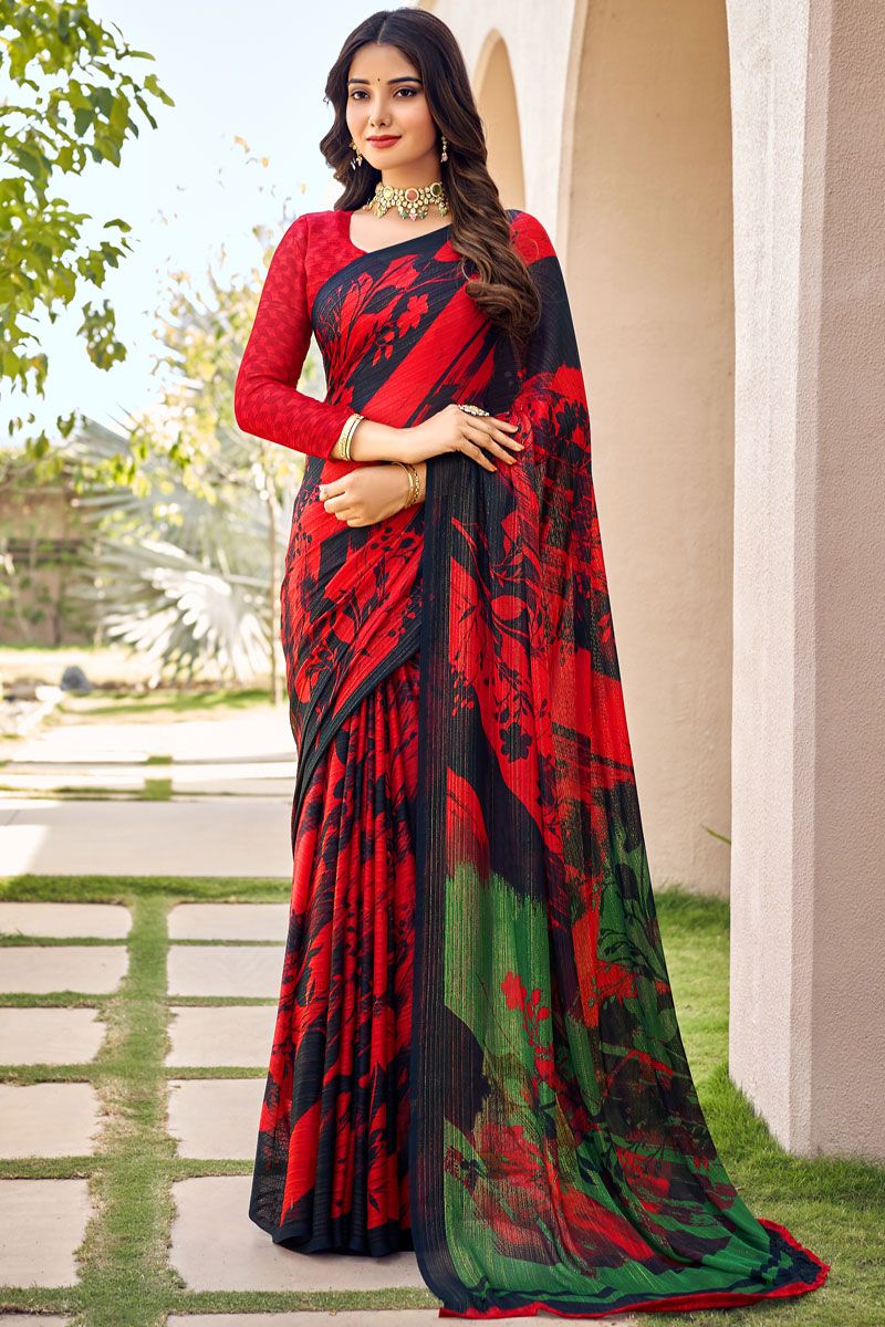 Red And Black Casual Look Chiffon Printed Saree