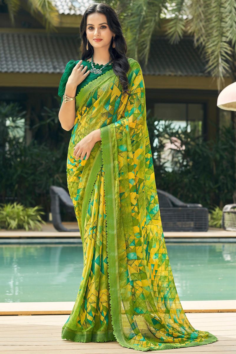 Casual Wear Classic Chiffon Fabric Green Color Printed Saree