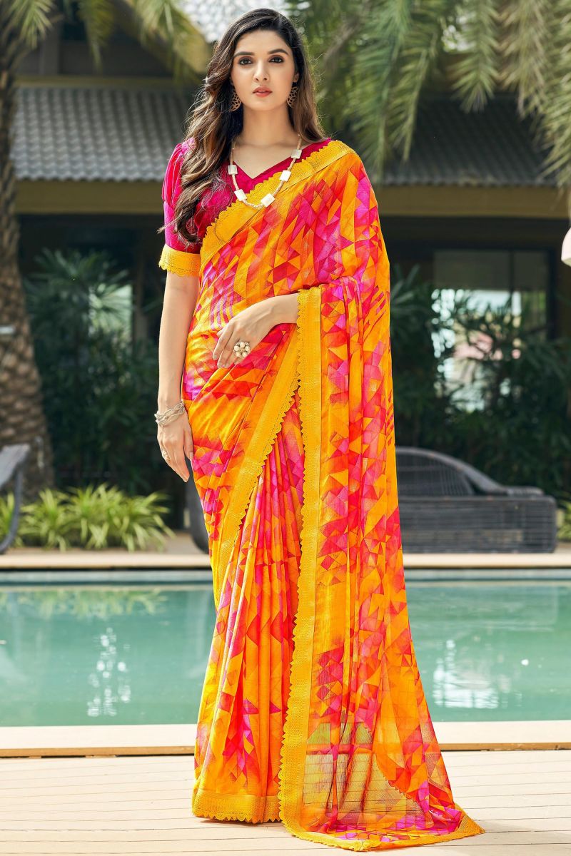 Pink Color Daily Wear Classic Chiffon Fabric Printed Saree