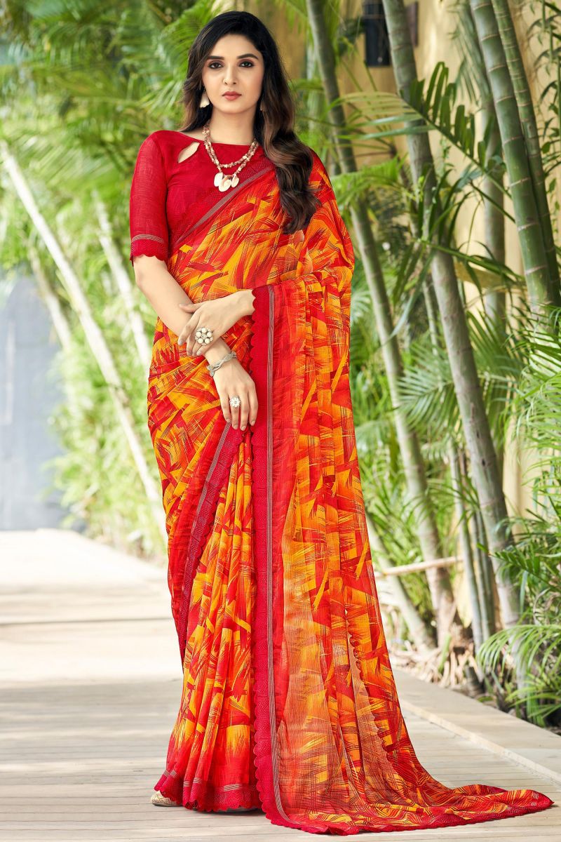 Chiffon Fabric Red Color Printed Daily Wear Saree