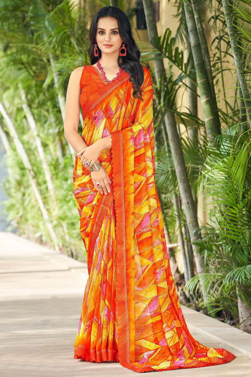 Orange Color Printed Chiffon Fabric Daily Wear Saree