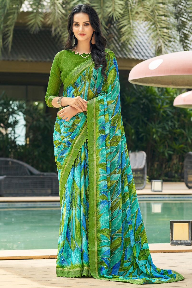 Printed Chiffon Fabric Daily Wear Green Color Saree