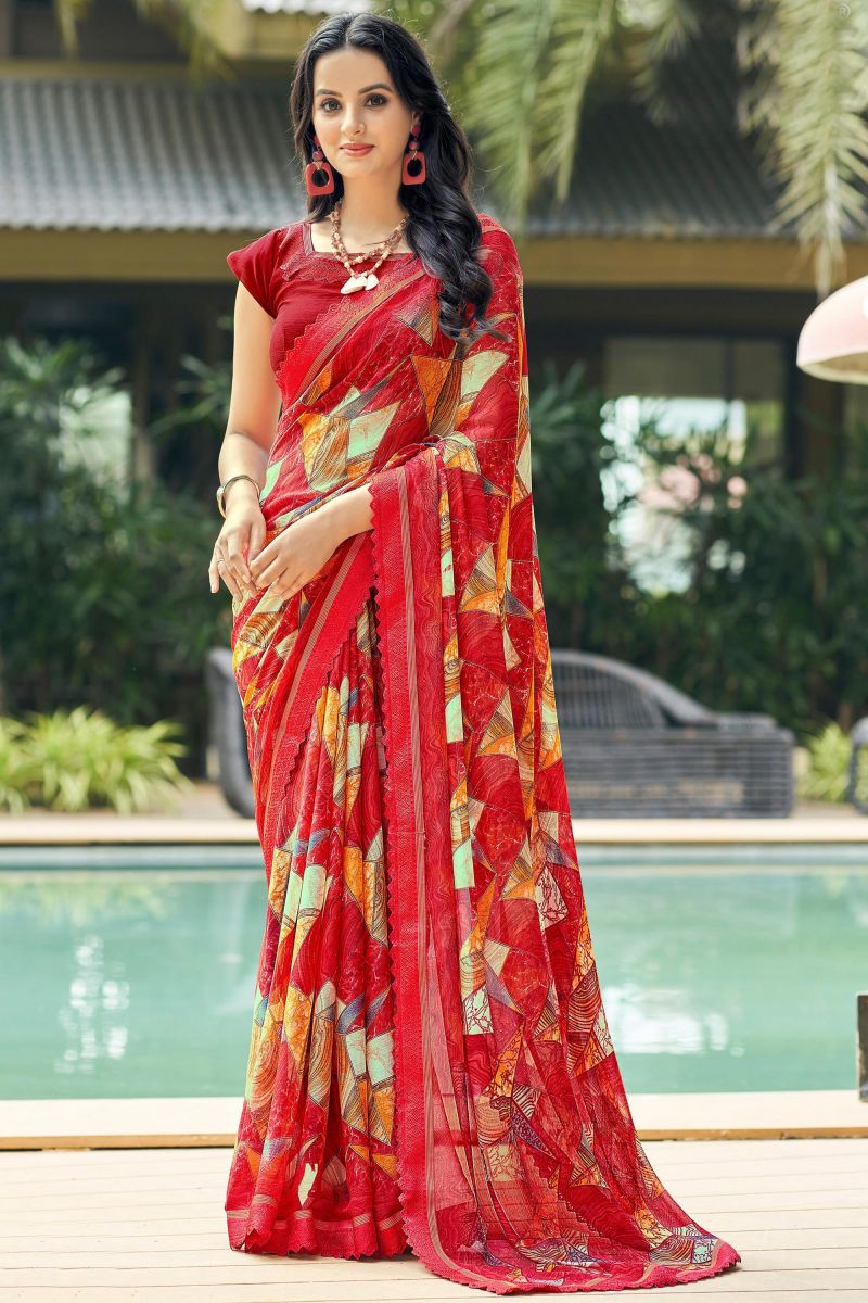 Chiffon Fabric Casual Wear Red Color Printed Saree