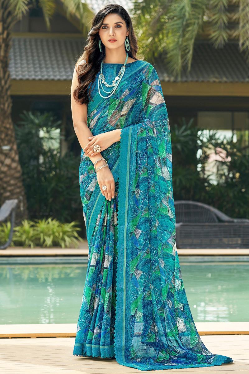 Teal Color Daily Wear Printed Saree In Chiffon Fabric