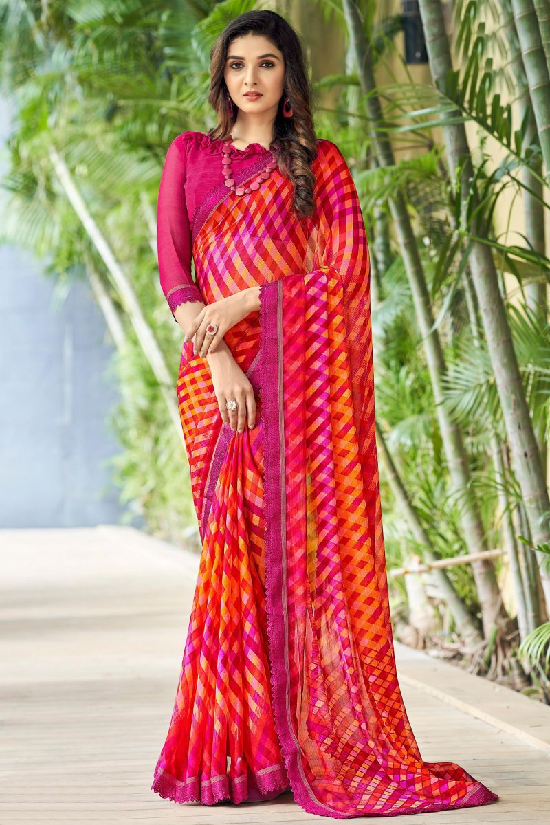 Chiffon Fabric Printed Rani Color Simple Saree