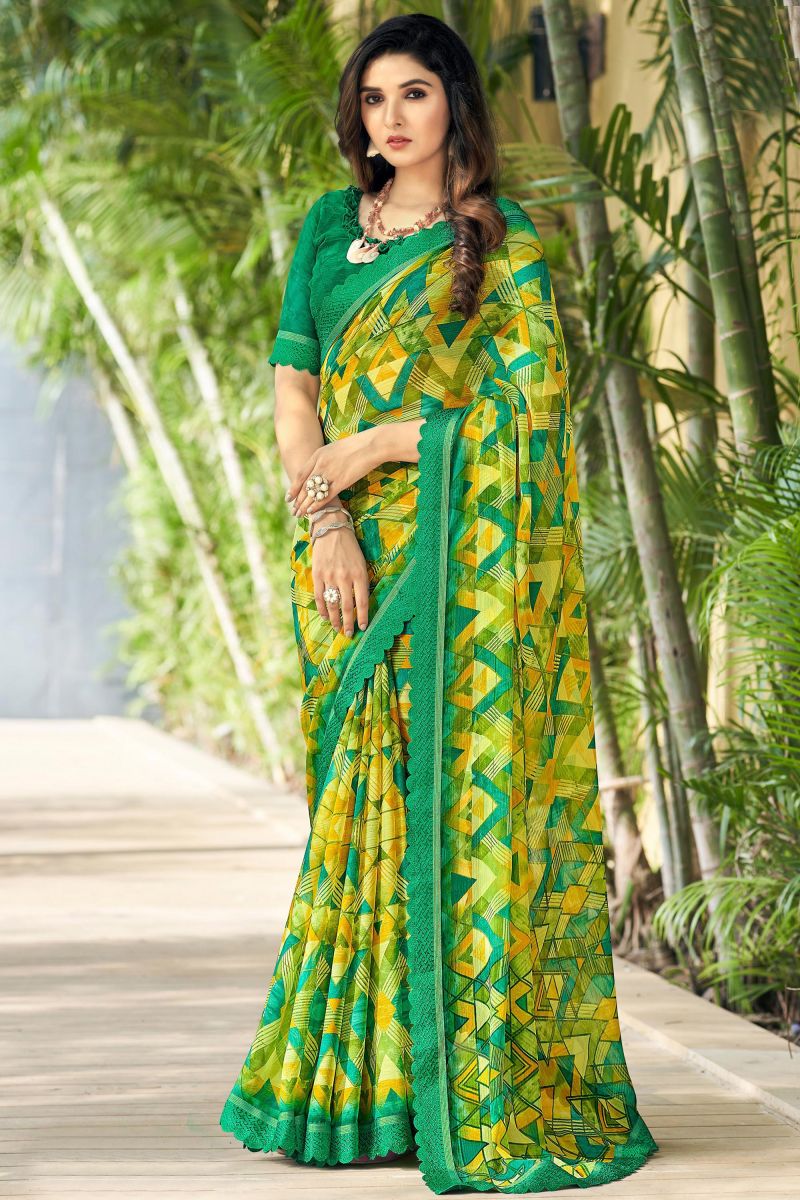 Green Color Chiffon Fabric Fancy Printed Daily Wear Saree