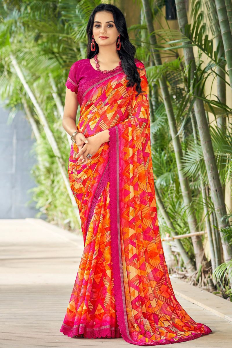 Chiffon Fabric Printed Orange Color Casual Wear Saree