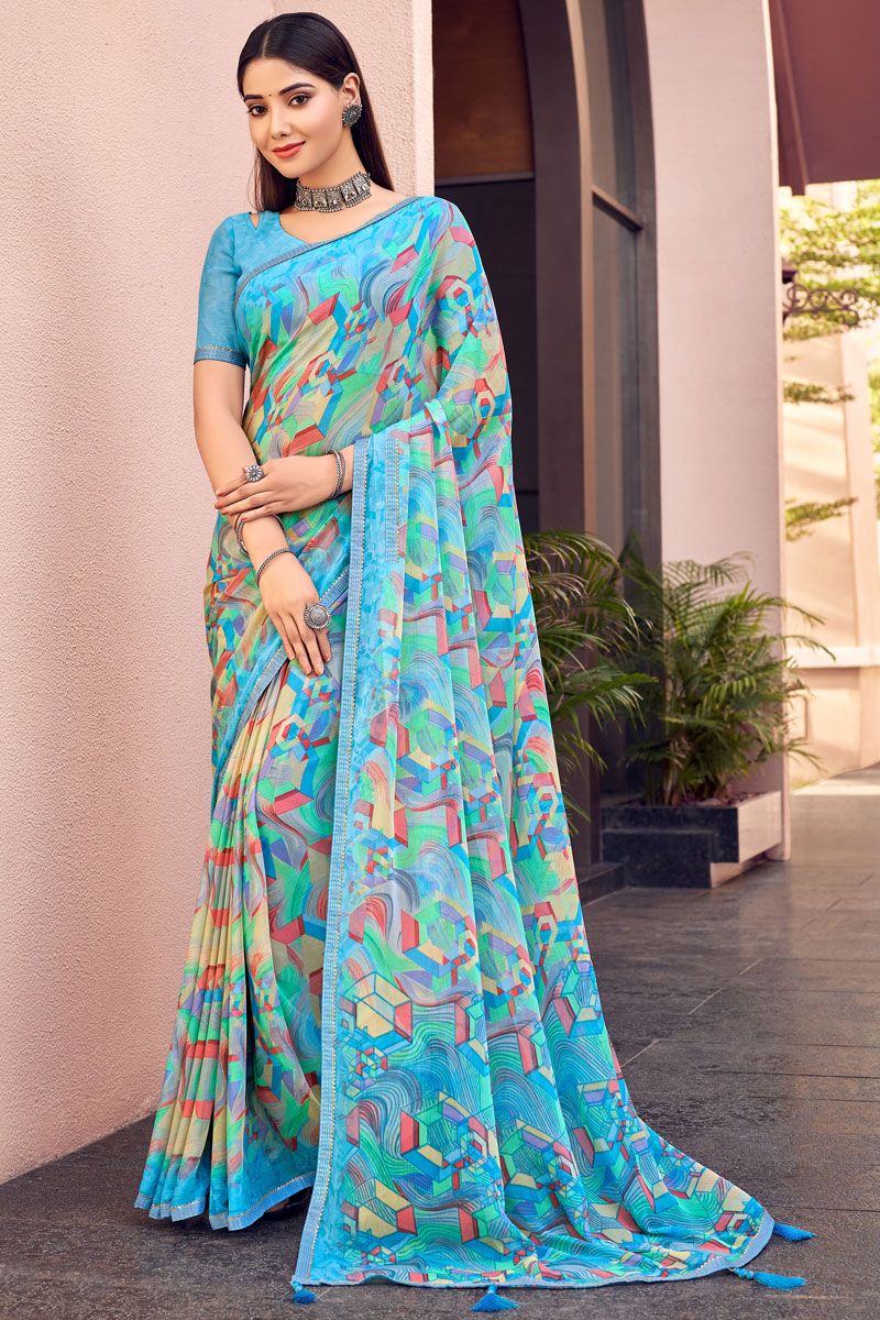 Sky Blue Printed Work Chiffon Casual Saree