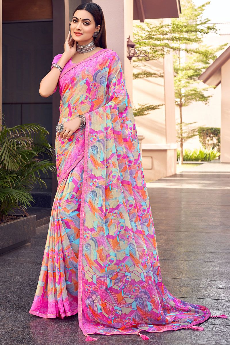 Printed Work Pink Chiffon Casual Saree