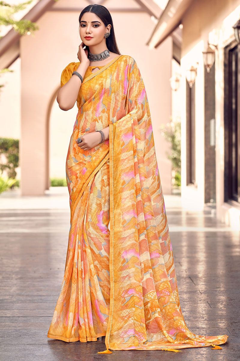 Casual Printed Work Chiffon Saree In Yellow Color