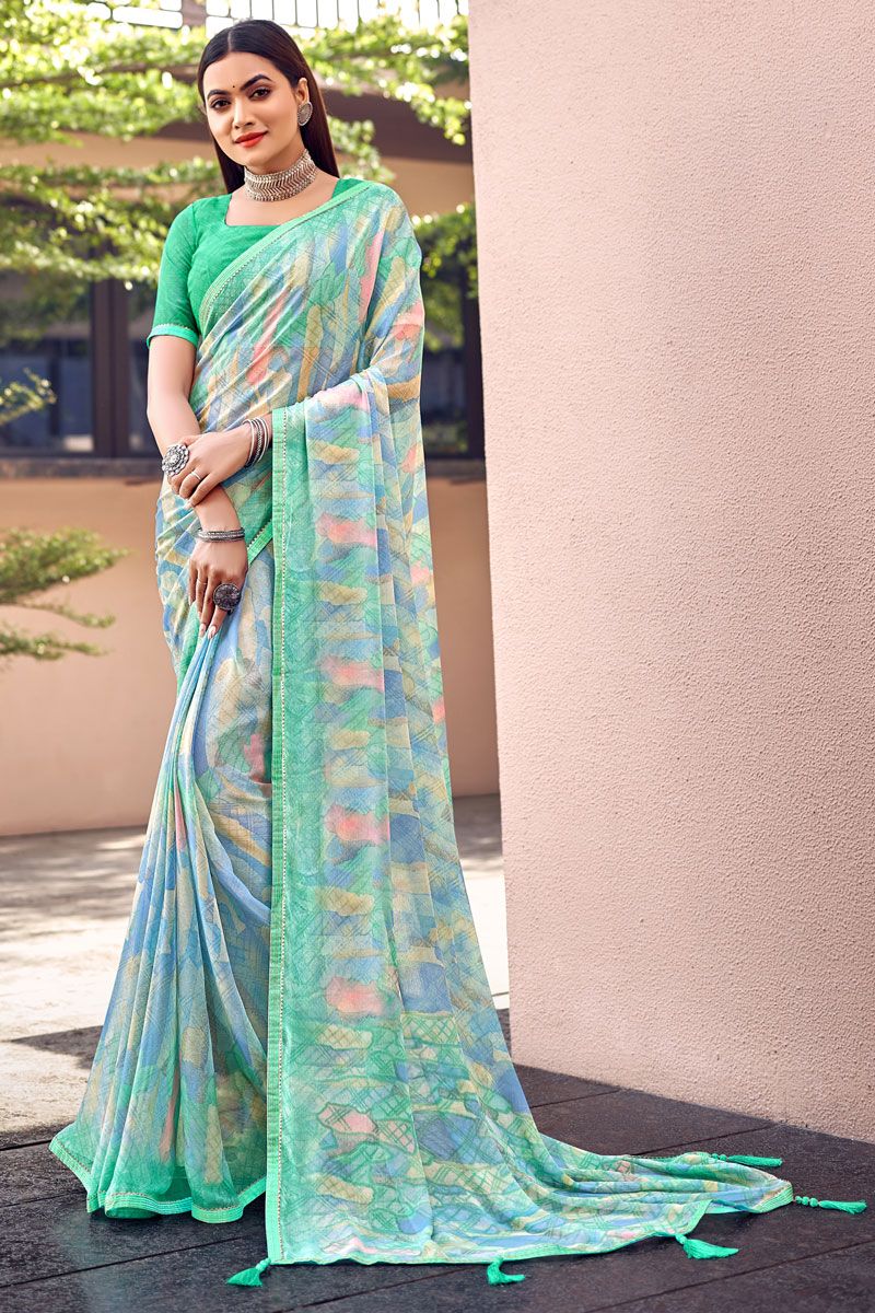 Printed Work Chiffon Casual Saree In Sea Green Color