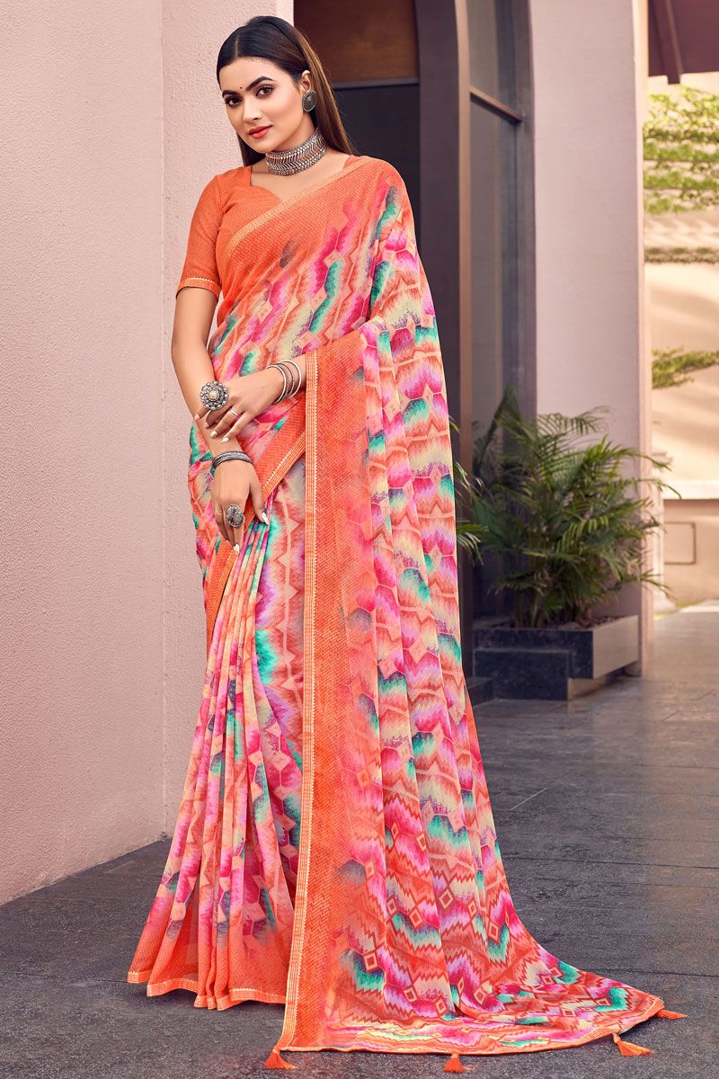 Printed Work Casual Chiffon Saree In Orange Color