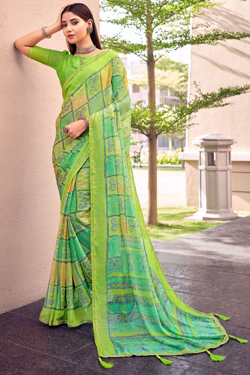 Printed Work Chiffon Casual Saree In Green Color