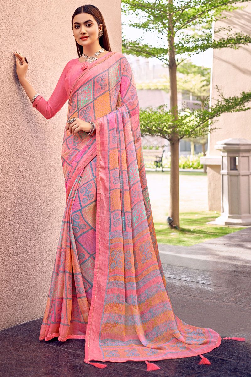 Casual Printed Work Chiffon Saree In Pink Color