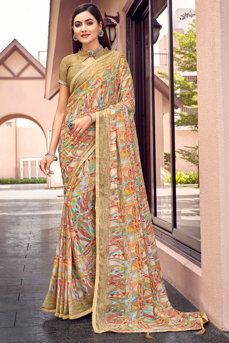 Beige Chiffon Saree With Printed Work