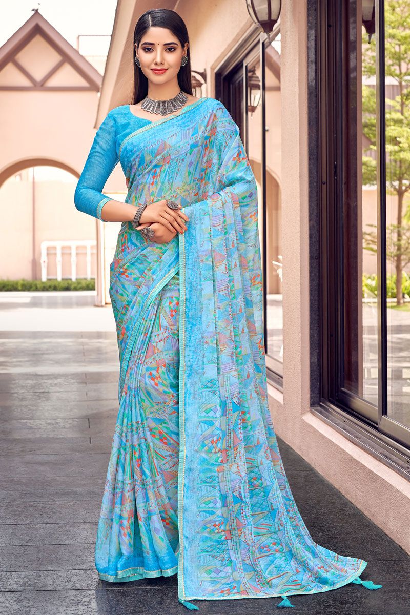 Printed Work Casual Wear Chiffon Saree In Cyan Color