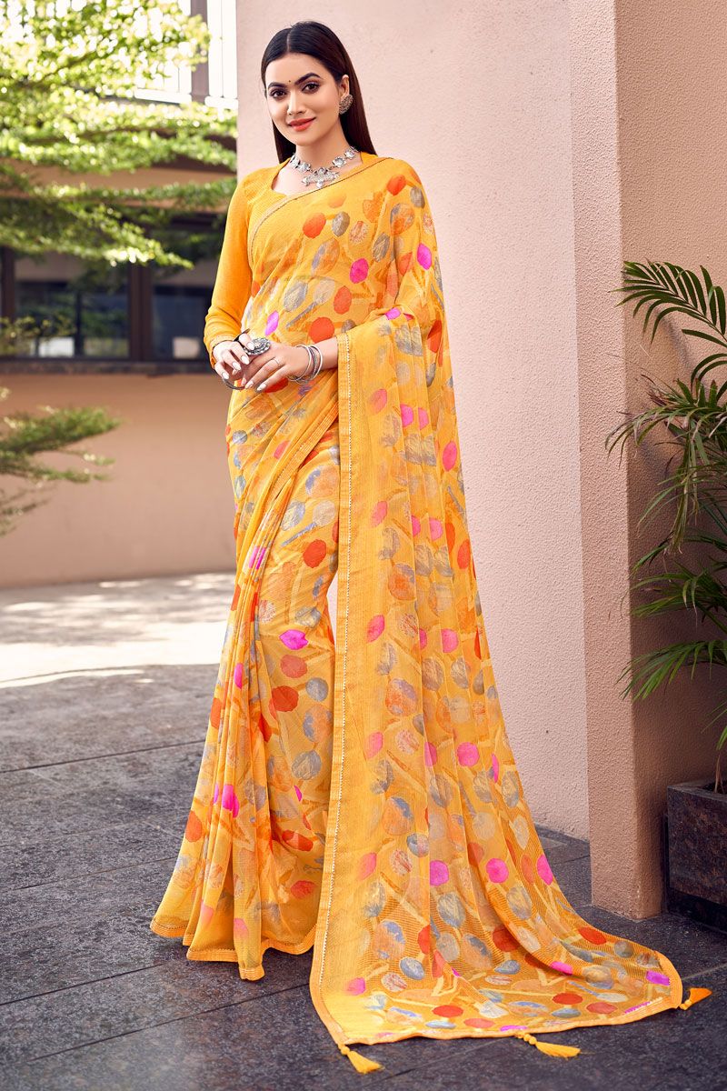 Printed Work Yellow Chiffon Casual Saree