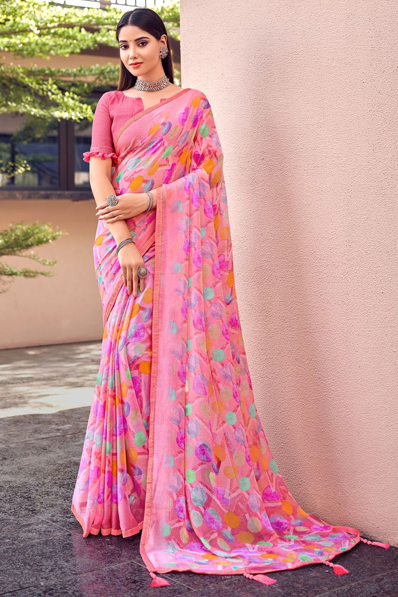 Pink Chiffon Casual Saree With Printed Work