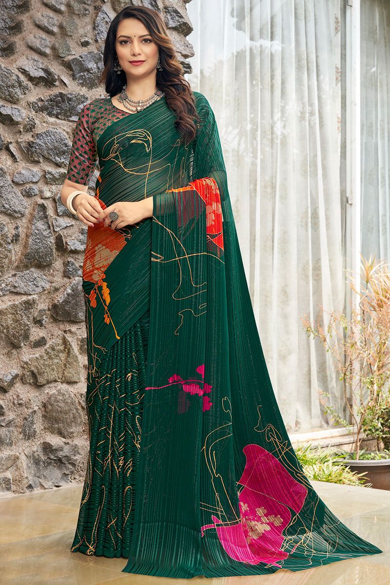 Dark Green Color Printed Satin Saree In Casual Wear