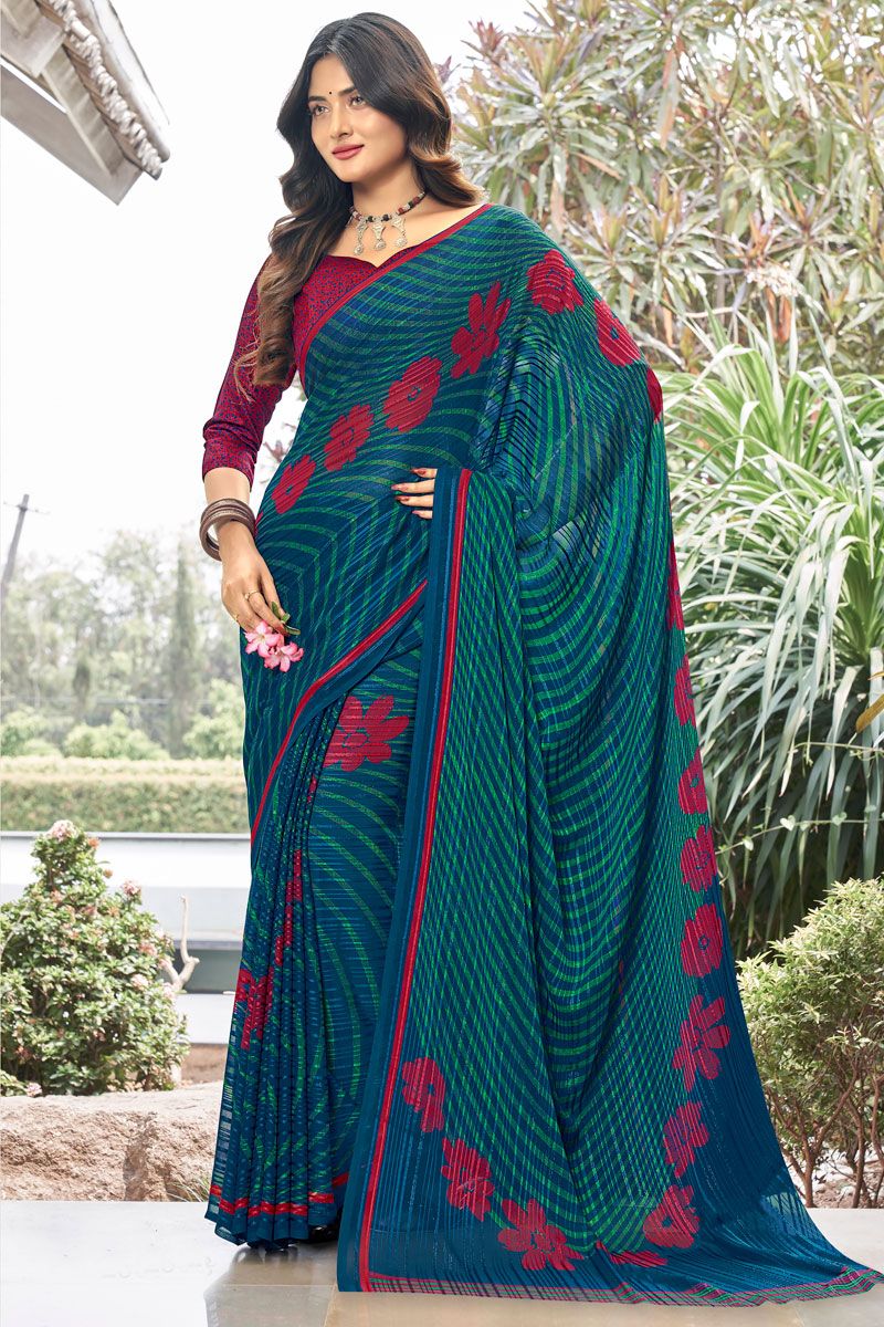 Casual Printed Satin Teal Saree