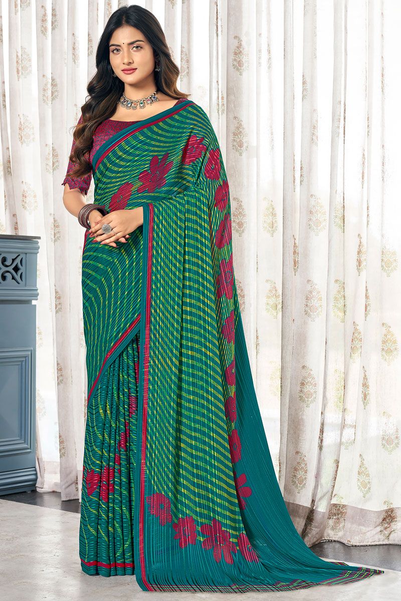 Mesmeric Dark Cyan Color Printed Satin Saree