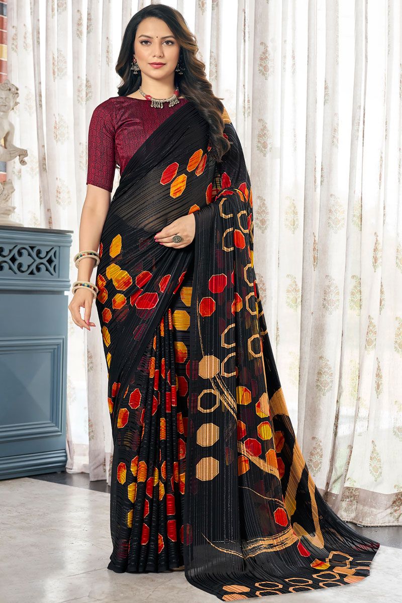 Beatific Black Color Printed Satin Saree