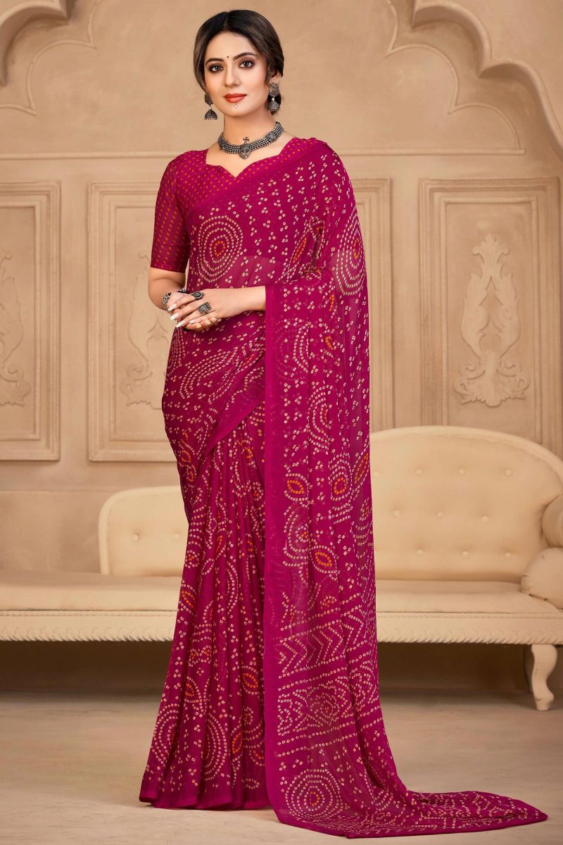 Magenta Color Chiffon Fabric Bandhej Print Casual Saree