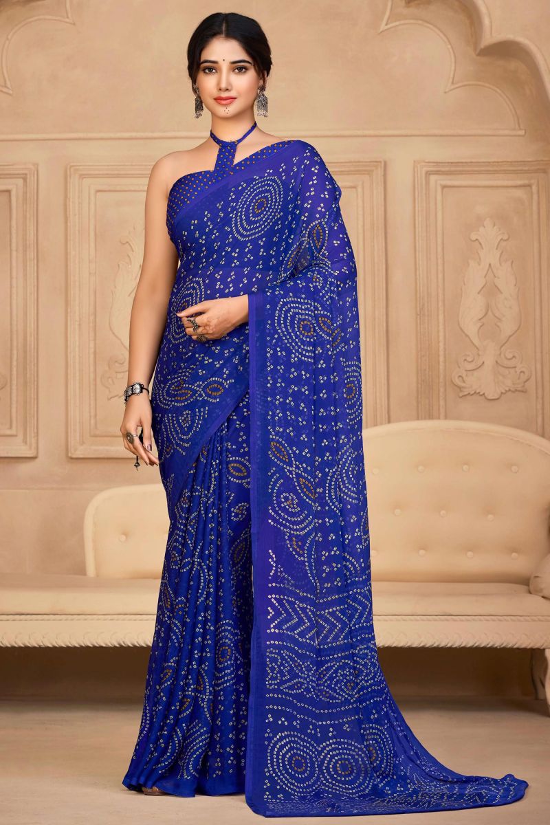 Chiffon Fabric Blue Color Bandhani Print Daily Saree