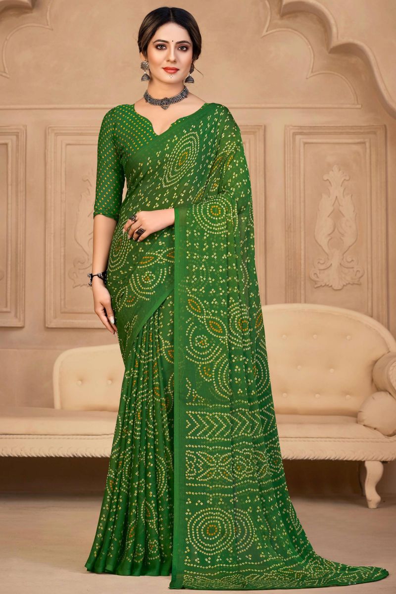 Casual Chiffon Fabric Green Color Bandhani Print Saree