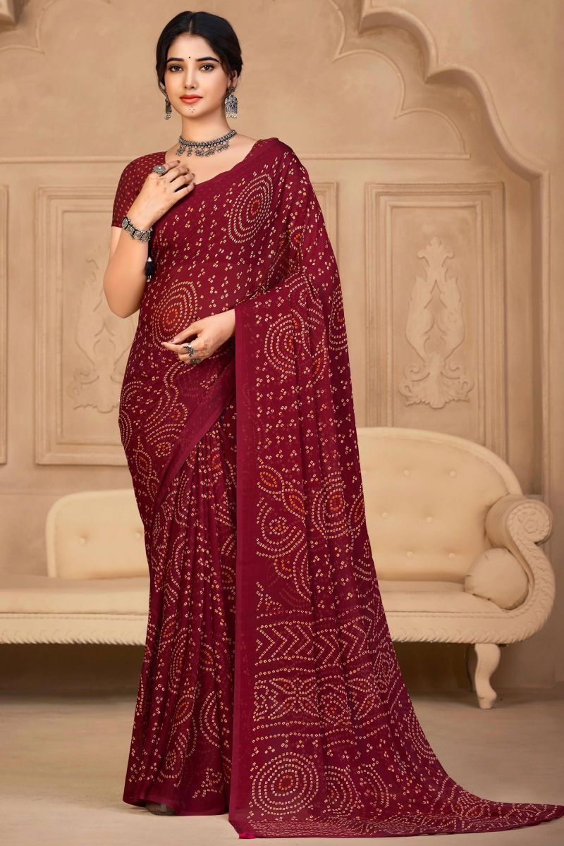 Casual Classic Maroon Color Bandhej Print Saree In Chiffon Fabric