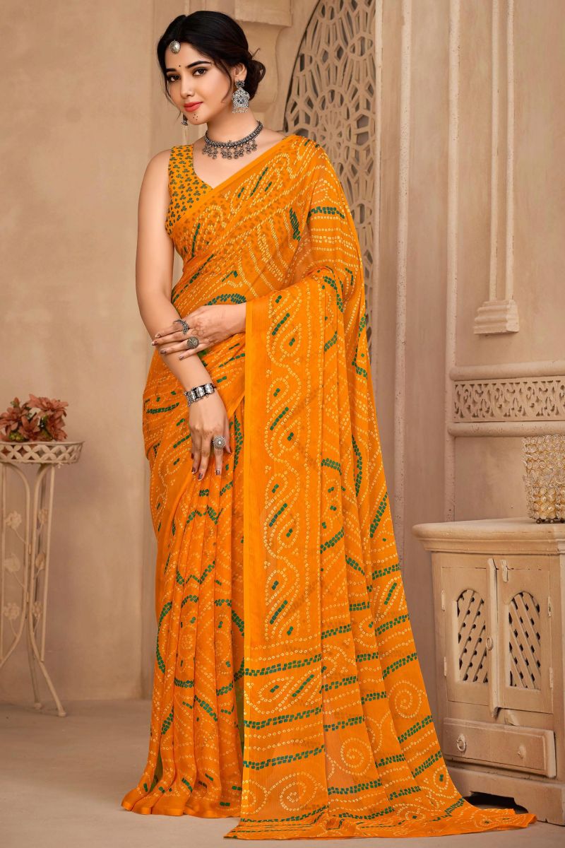 Mustard Color Classic Casual Chiffon Fabric Bandhej Print Saree