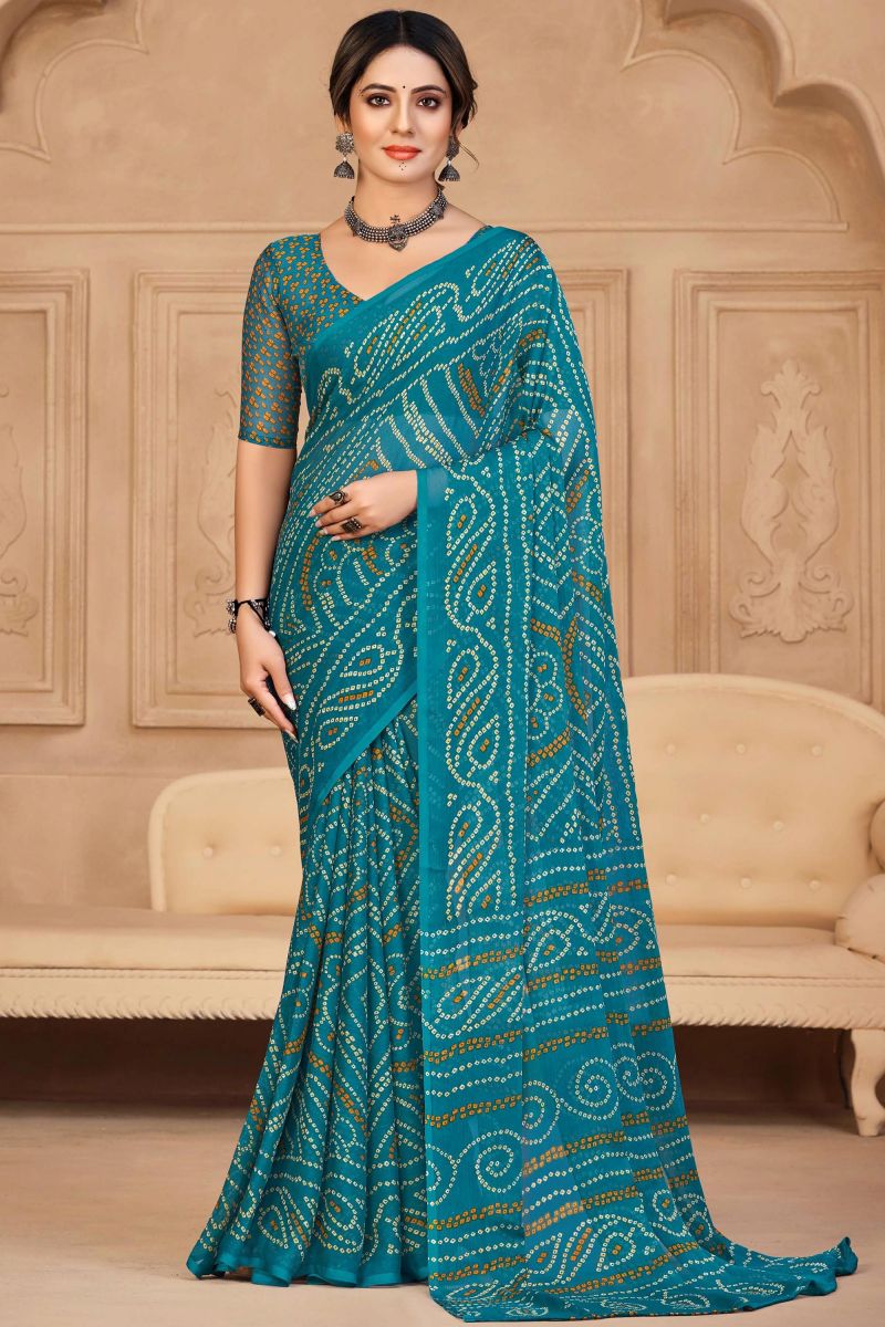 Casual Teal Color Chiffon Fabric Bandhani Print Saree