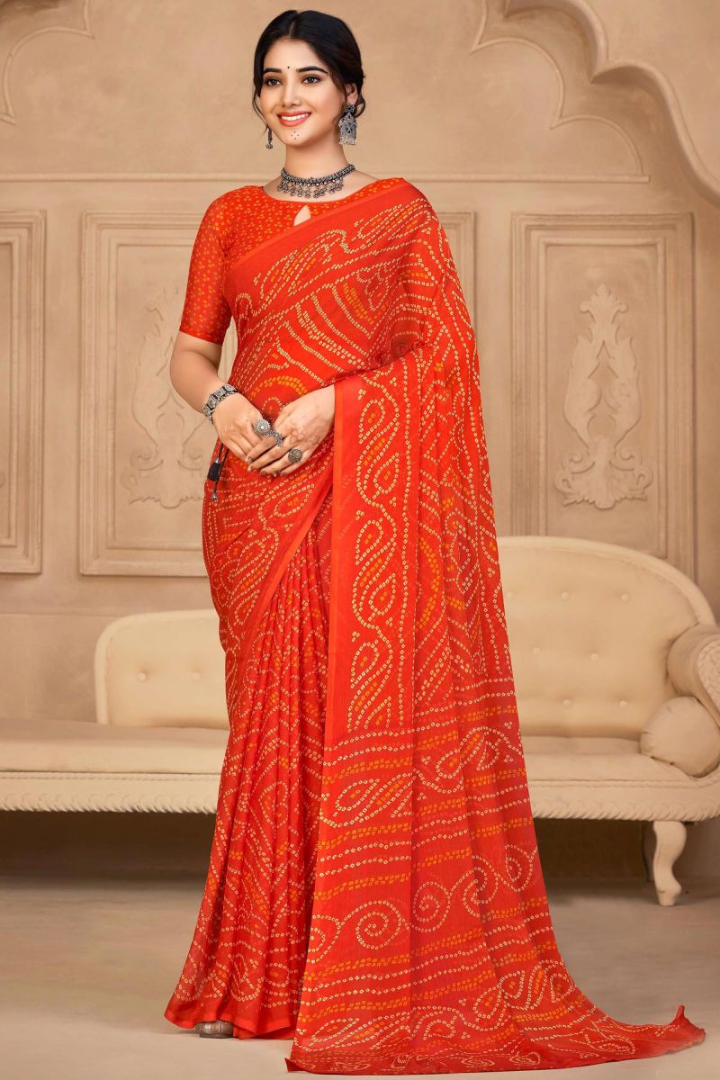 Chiffon Fabric Daily Classic Orange Color Bandhej Print Saree