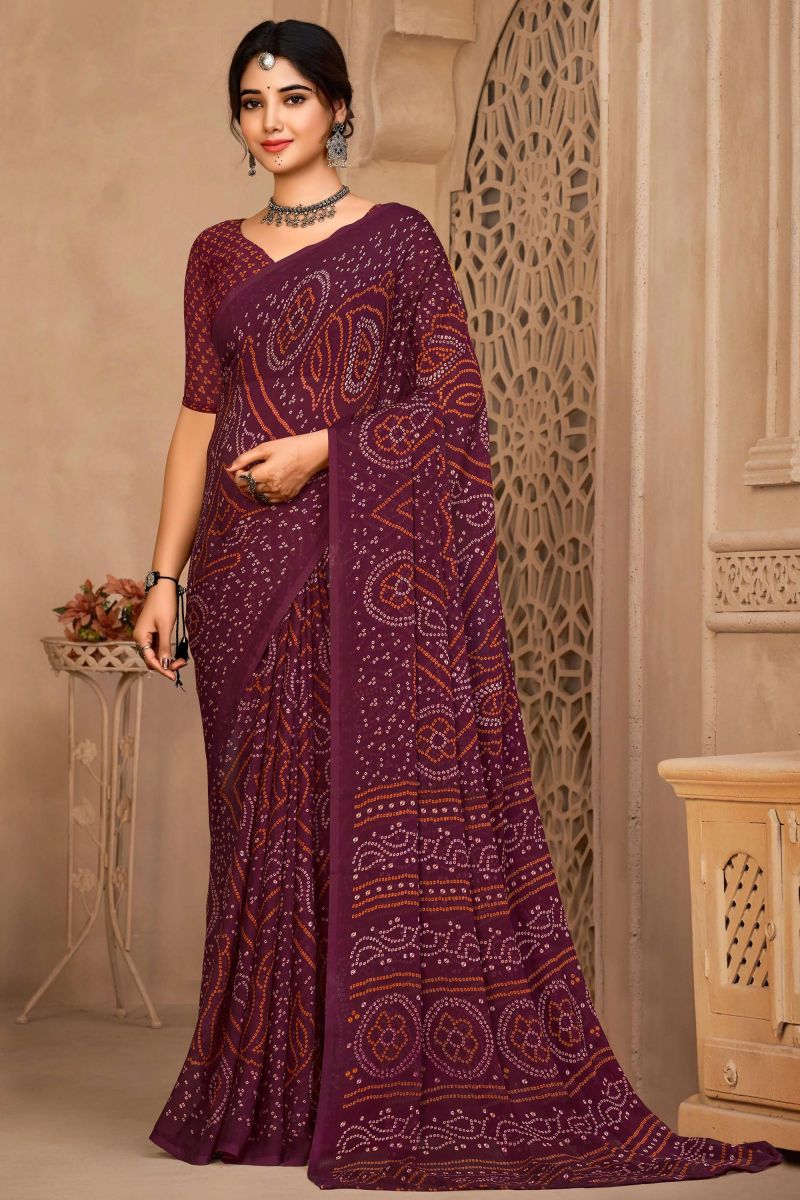 Wine Color Chiffon Fabric Bandhani Print Casual Stylish Saree