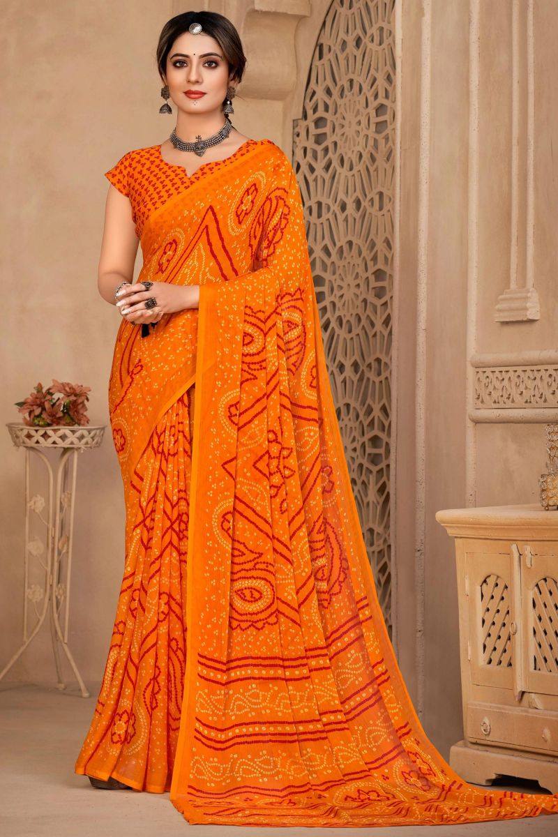 Chiffon Fabric Orange Color Bandhej Print Casual Fancy Saree