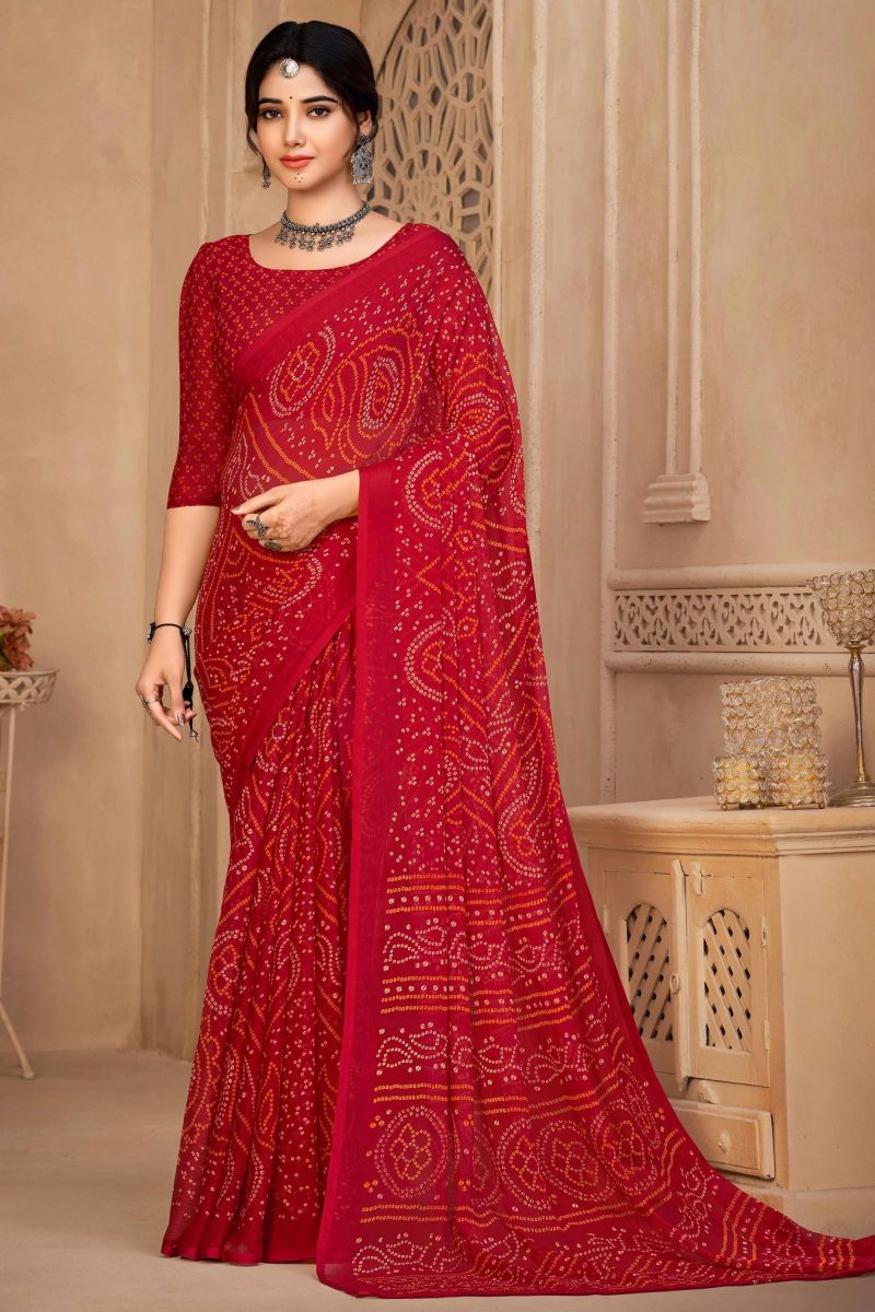 Chiffon Fabric Red Color Casual Bandhani Print Saree