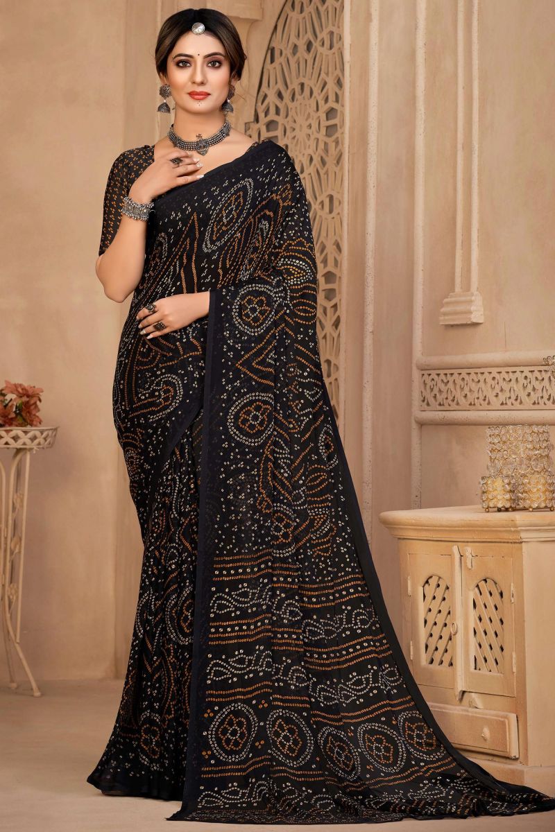 Chiffon Fabric Bandhej Print Black Color Casual Fancy Saree