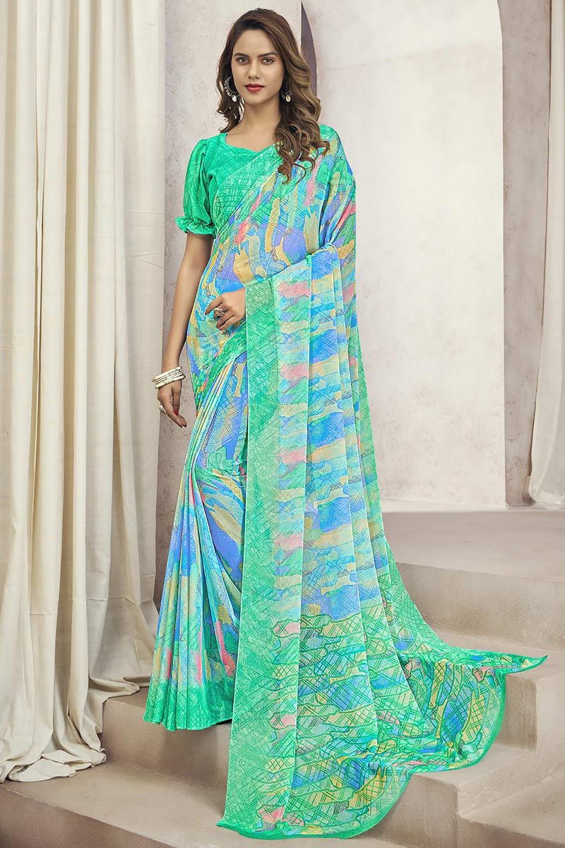 Chiffon Fabric Sea Green Color Soothing Casual Look Printed Saree