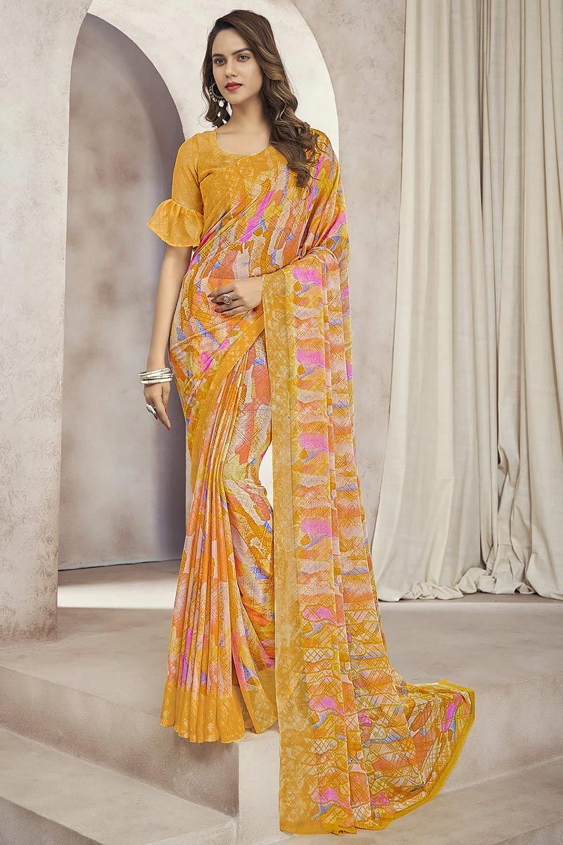 Orange Color Appealing Casual Look Printed Saree In Chiffon Fabric