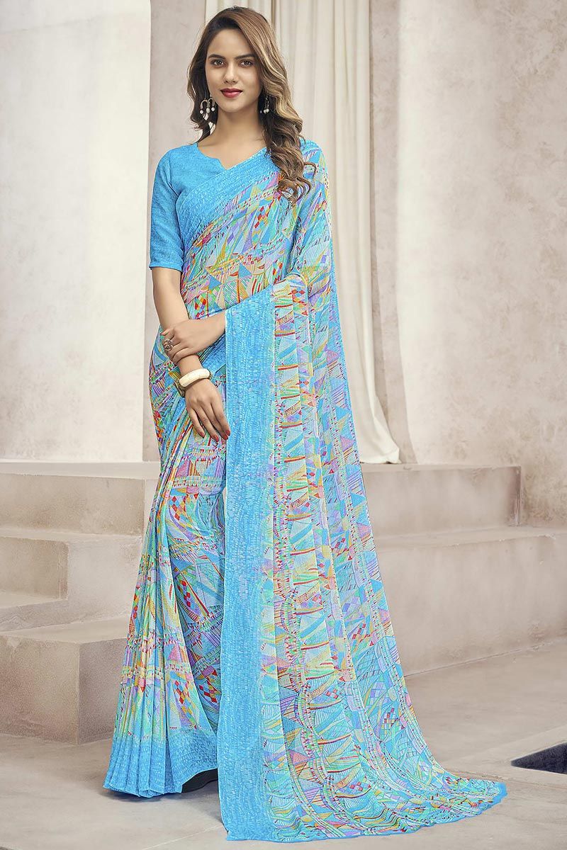 Chiffon Fabric Wonderful Casual Look Printed Saree In Cyan Color