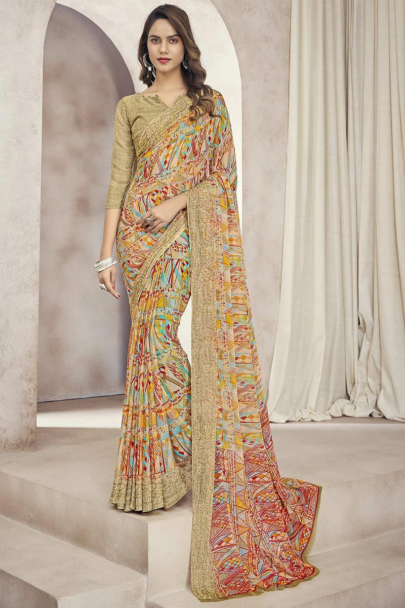 Chiffon Fabric Beige Color Fantastic Casual Look Printed Saree